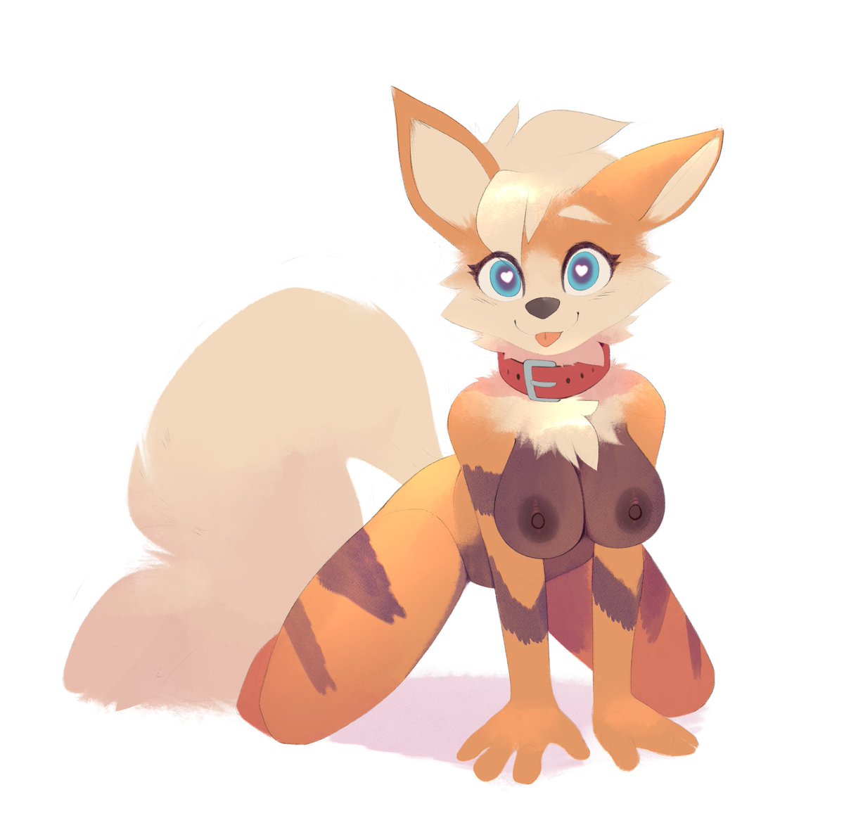 &lt;3 &lt;3_eyes all_fours anthro arcanine b-epon blep blonde_hair blue_eyes breasts canid collar female fluffy fluffy_tail fur generation_1_pokemon hair looking_at_viewer mammal neck_tuft nintendo nipples nude orange_body orange_fur pokemon pokemon_(species) solo tail tongue tongue_out tuft