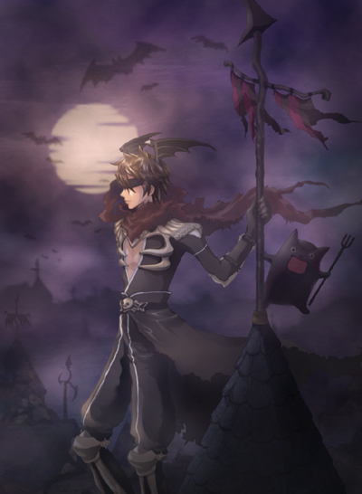 1boy armor armored_boots assassin_cross_(ragnarok_online) bat_(animal) bat_wings black_blindfold black_cape black_hair black_pants black_shirt black_wings blindfold boots cape closed_mouth commentary_request demon deviruchi feet_out_of_frame full_moon gobaku_no_hito head_wings holding holding_pitchfork male_focus moon night open_clothes open_shirt outdoors pants pauldrons pitchfork profile purple_sky ragnarok_online red_scarf rooftop scarf shirt short_hair shoulder_armor skull spire torn_scarf waist_cape wings