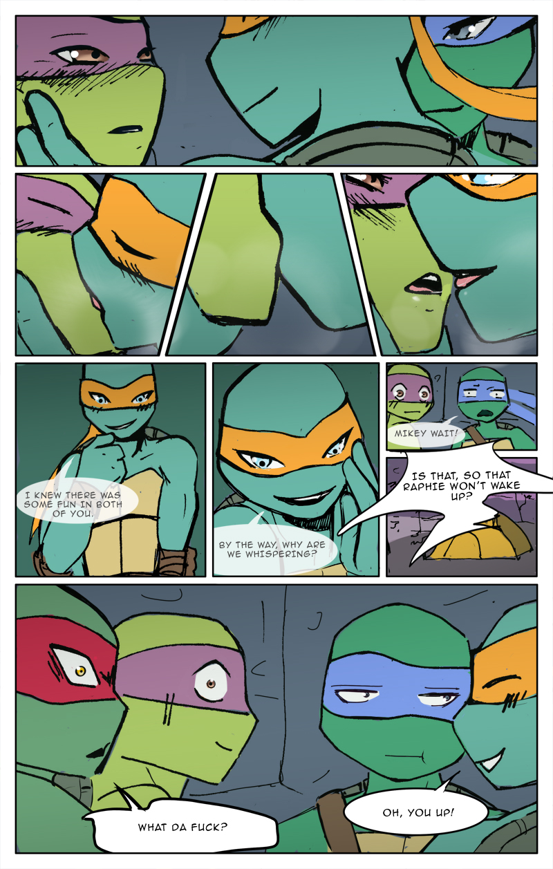 bandanna brother_(lore) brothers_(lore) camping_tent comic donatello_(tmnt) eyes_closed french_kissing group hi_res humor incest_(lore) kerchief kissing leonardo_(tmnt) male michelangelo_(tmnt) momorawrr raphael_(tmnt) reptile scalie sibling_(lore) sleeping teenage_mutant_ninja_turtles turtle waking_up