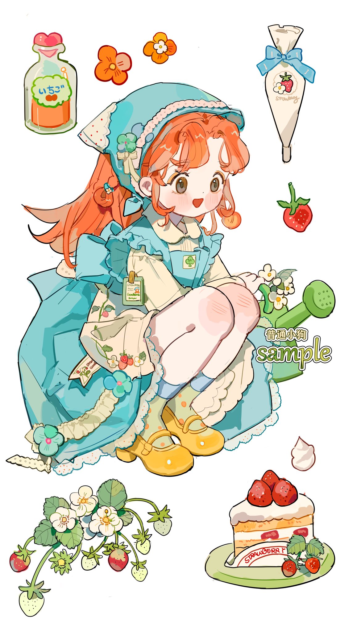 1girl ankle_socks apron aqua_flower artist_name back_bow blue_bow blue_dress blue_headwear blush_stickers bow braid brown_eyes cake cake_slice collared_shirt commentary commission dress english_commentary eyelashes eyeshadow flower food frilled_dress frills fruit full_body green_socks hat hat_bow hat_flower head_scarf heart highres holding holding_watering_can honey jar lace-trimmed_dress lace-trimmed_headwear lace_trim leaf long_hair looking_ahead makeup mary_janes name_tag napkin open_mouth orange_eyeshadow orange_flower orange_hair original parted_lips pipette plate polka_dot_socks putong_xiao_gou sample_watermark shirt shoes simple_background single_braid sleeveless sleeveless_dress smile socks solo squatting strawberry strawberry_shortcake waist_apron watering_can watermark whipped_cream white_apron white_background white_bow white_flower white_shirt yellow_footwear