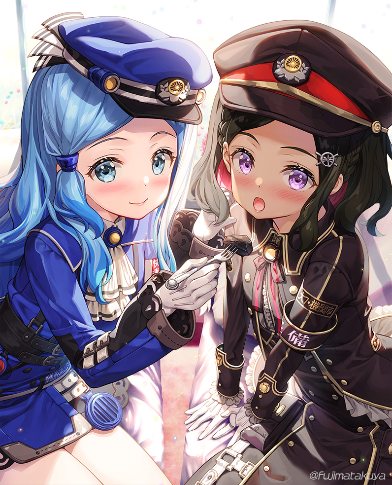 2girls armband black_hair black_headwear black_jacket black_skirt blue_eyes blue_hair blue_headwear blue_jacket blue_skirt blush braid character_request commentary_request feeding fork fujima_takuya gloves hat holding holding_fork jacket long_sleeves multicolored_hair multiple_girls open_mouth peaked_cap pink_hair purple_eyes rail_romanesque skirt swept_bangs two-tone_hair white_gloves wide_sleeves