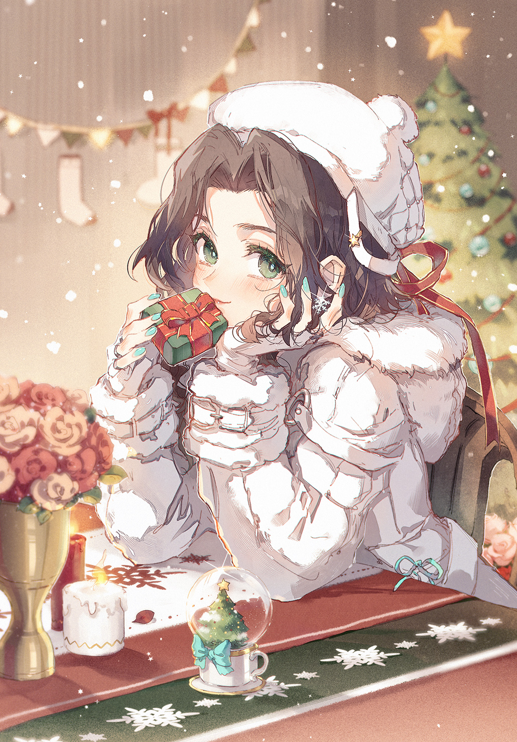 1girl aerith_gainsborough aqua_nails blurry blurry_background box brown_hair candle christmas_present christmas_stocking christmas_tree closed_mouth coat earrings final_fantasy final_fantasy_vii final_fantasy_vii_ever_crisis final_fantasy_vii_remake fingerless_gloves flower gift gift_box gloves green_eyes hair_ribbon hand_in_own_hair head_on_hand highres holding holding_gift hood hood_down hooded_coat jewelry kieta leaning_on_table light_blush long_hair long_sleeves looking_at_viewer nail_polish official_alternate_costume parted_bangs red_flower red_ribbon ribbon smile snow_globe snowflake_earrings solo upper_body vase wavy_hair white_gloves white_headwear winter_clothes winter_coat