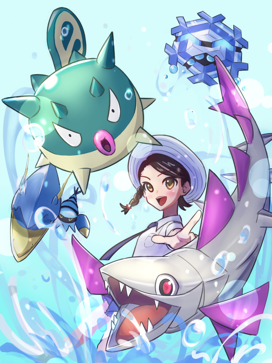 1girl :d braid breast_pocket brown_hair clawitzer collared_shirt commentary_request cryogonal hat highres juliana_(pokemon) necktie open_mouth outstretched_arm pocket pointing pokemon pokemon_(creature) pokemon_(game) pokemon_sv qwilfish shiriusu shirt short_sleeves smile teeth tongue upper_teeth_only veluza water