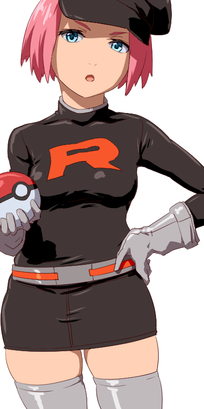 1girl aoi_nori_(aoicoblue) belt black_headwear breasts gloves green_eyes hat holding looking_at_viewer open_mouth pink_hair poke_ball poke_ball_(basic) pokemon pokemon_(game) pokemon_go short_hair simple_background skirt solo team_rocket team_rocket_grunt team_rocket_uniform thighhighs white_background