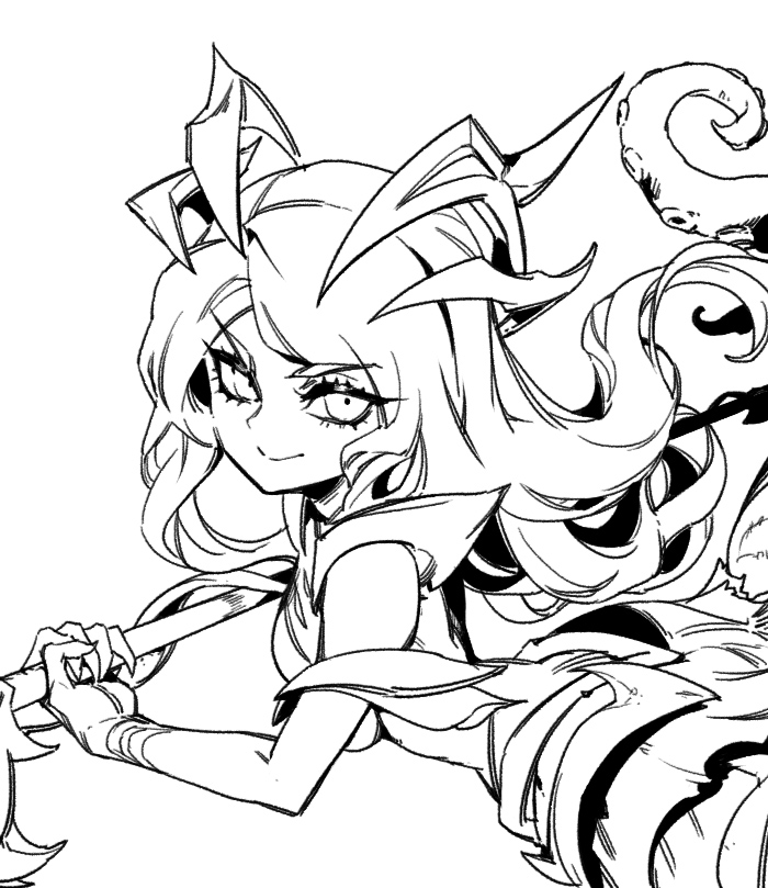 1girl bare_shoulders breasts closed_mouth coven_nami from_side greyscale holding holding_staff league_of_legends long_hair looking_at_viewer medium_breasts monochrome monster_girl nami_(league_of_legends) official_alternate_costume phantom_ix_row scylla simple_background smile solo staff tentacles white_background