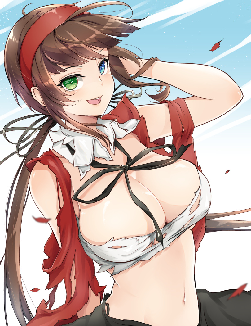 1girl :d ahoge arm_behind_head arm_up black_ribbon black_skirt blue_eyes blue_sky blunt_bangs blush body_blush breasts brown_hair cleavage cloud day detached_collar green_eyes hair_ribbon hairband heterochromia kinako_(mzknk0) large_breasts linea_alba long_hair looking_at_viewer low_twintails navel open_mouth outdoors red_hairband red_shawl ribbon ryoubi_(senran_kagura) senran_kagura senran_kagura_shinovi_versus shawl shiny_skin shirt skirt sky smile solo teeth tongue torn_clothes torn_shirt torn_skirt twintails upper_teeth_only white_shirt