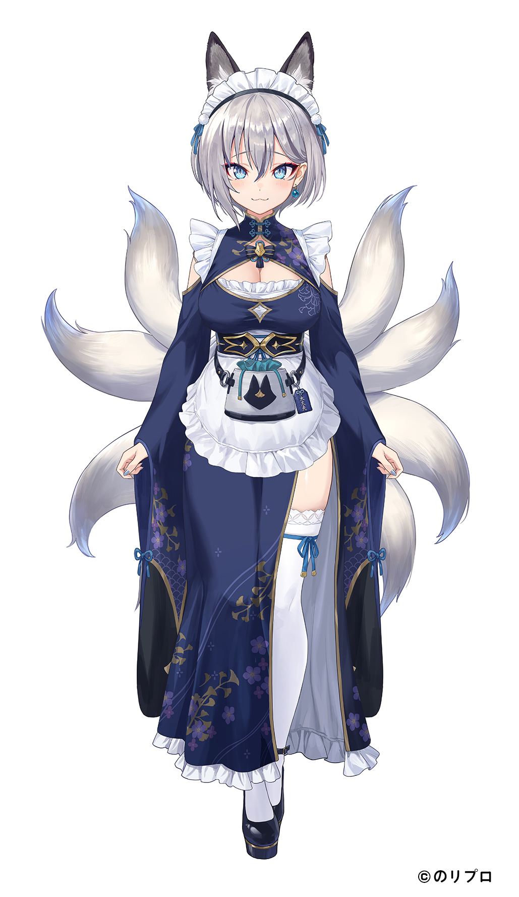 1girl :3 animal_ear_fluff animal_ears apron black_footwear blue_bow blue_dress blue_eyes blue_nails blue_ribbon bow breasts china_dress chinese_clothes cleavage cleavage_cutout clothing_cutout copyright_name dress earrings extra_ears facial_mark floral_print fox_ears fox_girl fox_tail frilled_dress frills full_body grey_hair guchico hair_behind_ear hair_between_eyes highres inari_iroha jewelry lolita_fashion long_dress looking_at_viewer maid maid_apron maid_headdress mary_janes medium_breasts multiple_tails noripro obi official_art omamori pouch red_eyeliner ribbon sash shoes short_hair simple_background smile solo standing tachi-e tail thighhighs virtual_youtuber wa_lolita white_background white_thighhighs wide_sleeves