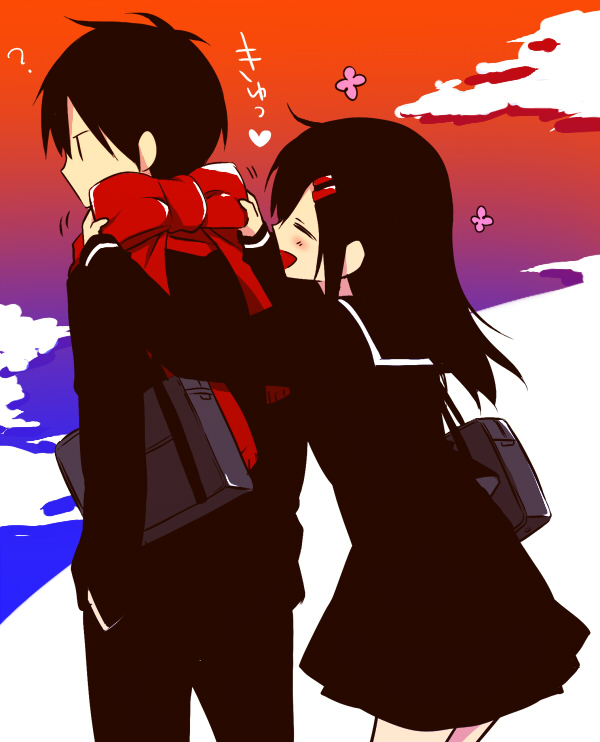 1boy 1girl ? adjusting_scarf bag black_hair black_jacket black_pants black_sailor_collar black_serafuku black_shirt blue_sky borrowed_clothes bow closed_eyes cloud commentary_request cowboy_shot facing_another facing_to_the_side flat_color flower_(symbol) friends fringe_trim from_side gakuran gradient_sky grey_bag hair_ornament hairclip hand_in_pocket heart jacket kagerou_project kisaragi_shintarou long_hair long_sleeves looking_to_the_side mekakucity_actors multicolored_sky no_mouth open_mouth orange_sky pants partial_commentary profile purple_sky red_bow red_scarf sailor_collar scarf school_bag school_uniform serafuku shirt short_hair single_stripe sky smile sound_effects standing tateyama_ayano tying usm_(kk316) white_stripes