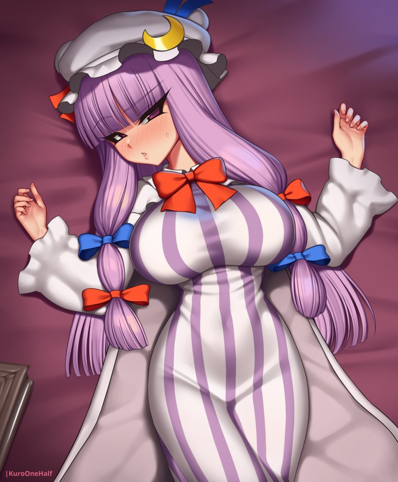 1girl bed bed_sheet bedroom blanket blush book bow breasts bulge cleavage commentary covered_navel curvy dress english_commentary full-face_blush hat hip_focus huge_breasts kuroonehalf large_breasts long_hair looking_at_viewer lying mob_cap narrow_waist navel on_bed patchouli_knowledge purple_hair ribbon solo striped sweatdrop thick_thighs thighs touhou wide_hips