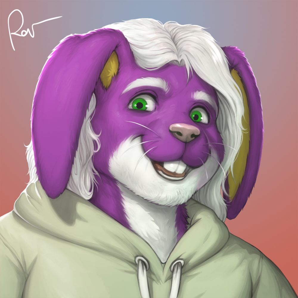 1:1 2023 anthro buckteeth clothed clothing eyebrows fur green_eyes hair hoodie lagomorph leporid looking_at_viewer mammal purple_body purple_ears purple_fur rabbit rov signature teeth topwear whiskers white_eyebrows white_hair