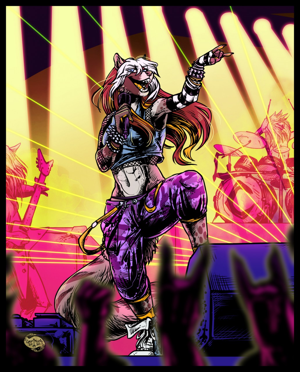 anthro armband bottomwear cassidy_civet civet clothed clothing concert devil_horns_(gesture) drum drum_set drummer drumstick_(musical) electric_guitar female fist footwear gesture grimmuza group guitar hair hi_res holding_microphone holding_object laser_lights long_hair mammal microphone musical_instrument musician pants percussion_instrument plucked_string_instrument raised_arm raised_fist rock_(genre) shoes singer solo_focus spiked_armband spikes string_instrument topwear viverrid white_hair