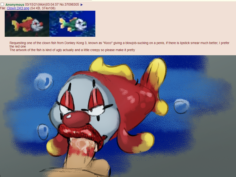 4chan abstract_background ambiguous_gender balls bedroom_eyes bestiality bimbo_lip bodily_fluids bubble clown clown_makeup clown_nose clownfish deermary disembodied_penis donkey_kong_(series) donkey_kong_country_3 duo feral feral_penetrated fish genitals human human_on_feral human_penetrating human_penetrating_feral humanoid interspecies kiss_mark koco_(donkey_kong_country) lips lipstick_smear male mammal marine multicolored_body narrowed_eyes nintendo penetration penis pomacentrid saliva saliva_on_penis screencap seductive sex sloppy_blowjob text text_box thick_lips underwater underwater_blowjob water