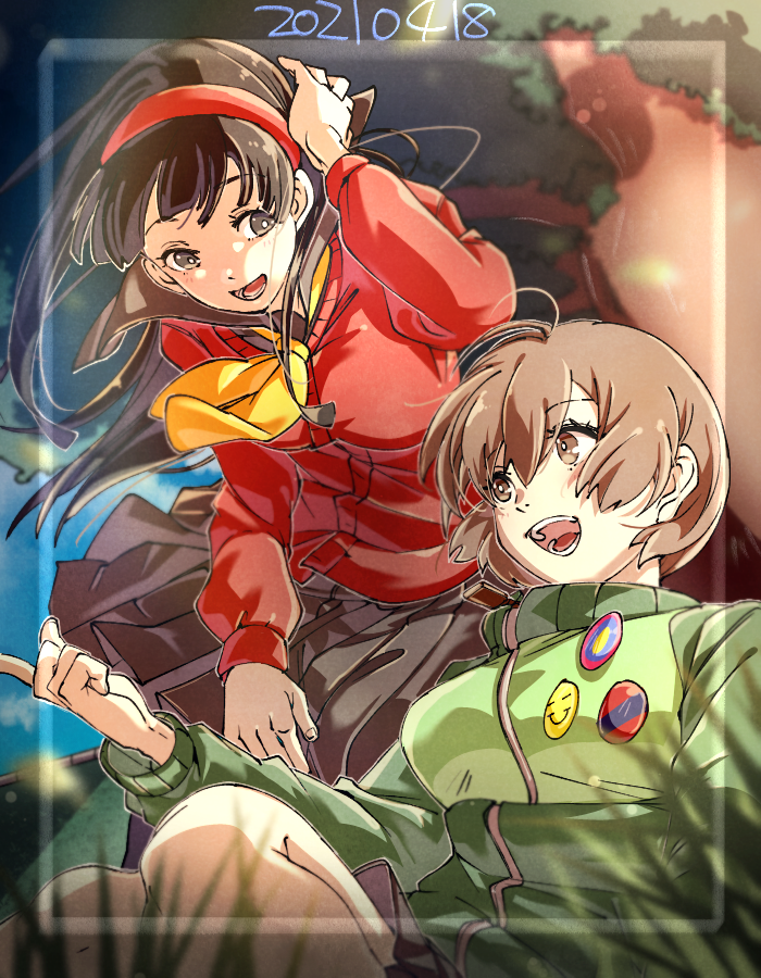 2girls amagi_yukiko black_hair blurry blurry_background bright_pupils brown_eyes brown_hair brown_skirt buttons eyelashes grass green_jacket hairband jacket kuga_hotaru long_hair long_sleeves multiple_girls neckerchief open_mouth persona persona_4 pleated_skirt red_hairband satonaka_chie school_uniform short_hair skirt teeth track_jacket tree white_pupils yellow_neckerchief