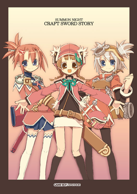 3girls blue_eyes braid brown_eyes brown_hair character_request kadoilasa long_sleeves looking_at_viewer multiple_girls ponytail pratty red_hair sanary standing summon_night summon_night_swordcraft_story twin_braids two_side_up white_hair