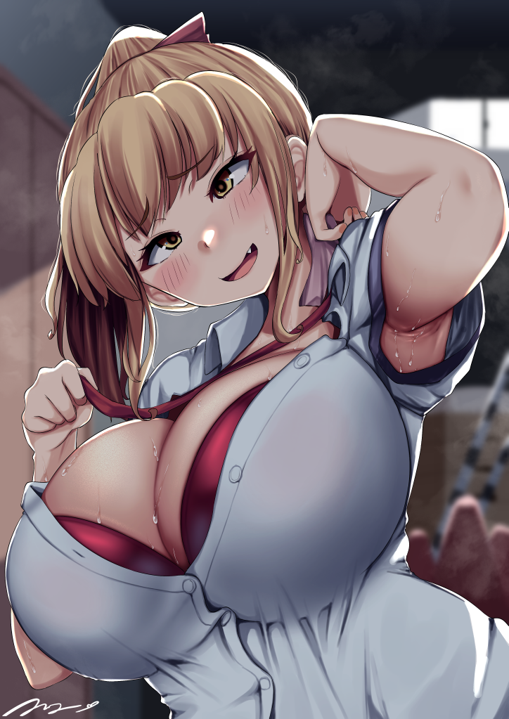 1girl arm_up armpits blurry blurry_background blush breasts buttons cleavage collared_shirt curvy gyaru gym_storeroom head_tilt huge_breasts indoors kogal looking_at_viewer necktie open_clothes open_mouth open_shirt original plump presenting_armpit school_uniform shirt short_sleeves sidelocks signature smile sunlight sweat traffic_cone window yottan