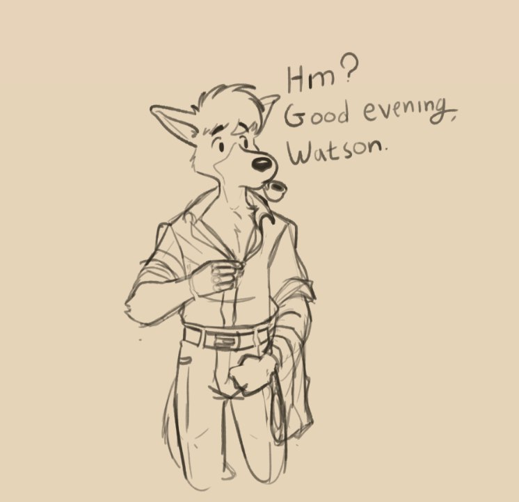 2020 anthro belt bottomwear canid canine canis clothing dialogue domestic_dog dress_shirt exposed_chest froburr fur hair looking_away male mammal monochrome pants sherlock_hound sherlock_hound_(series) shirt sketch smoking_pipe solo talking_to_another topwear unbuttoned_shirt