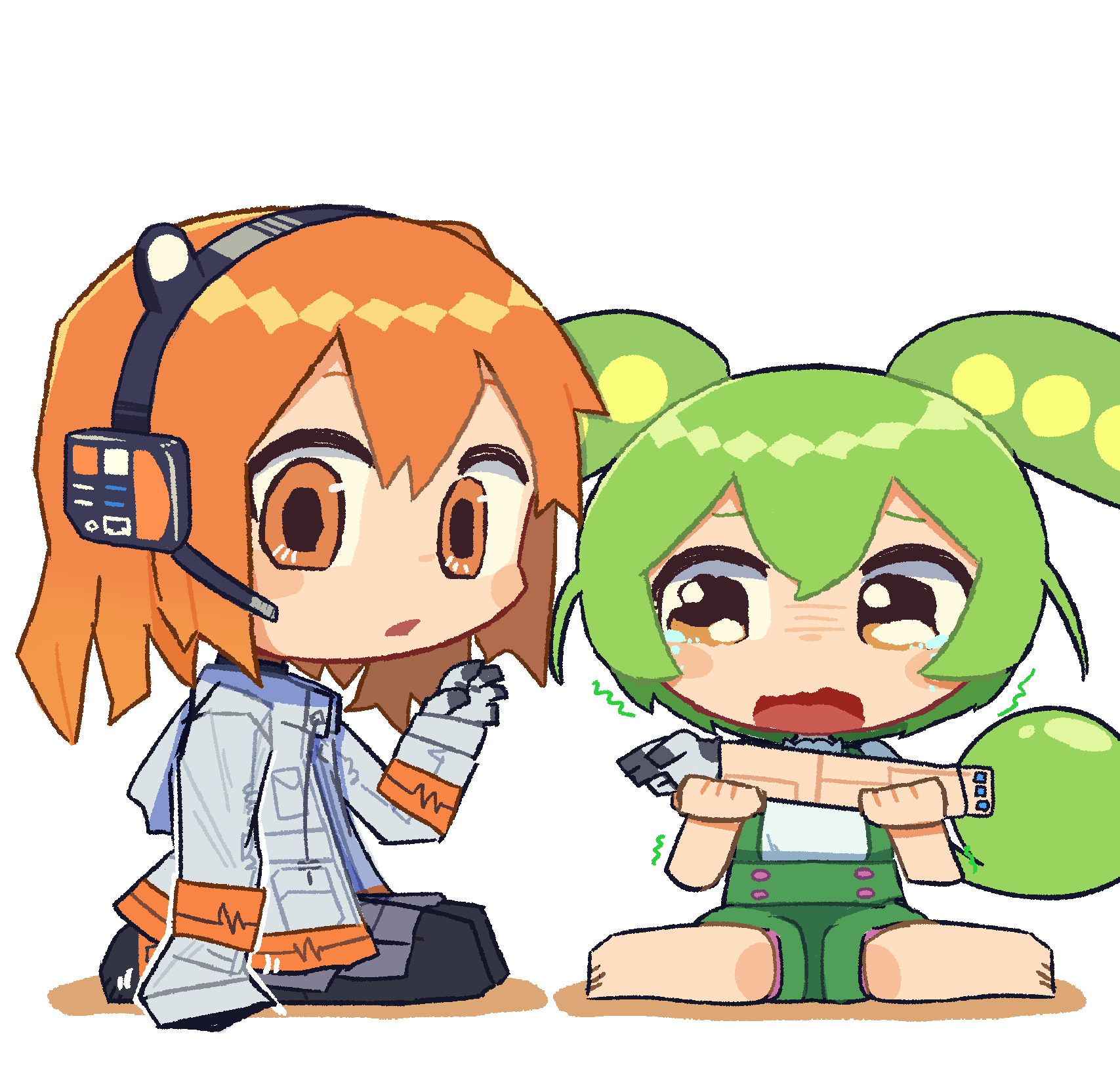 2girls a.i._voice adachi_rei amputee android barefoot black_pantyhose blush_stickers chibi commentary_request crying crying_with_eyes_open expressionless full_body furrowed_brow gloves green_hair green_shorts grey_skirt hand_up headlamp headset highres holding_another's_arm hood hood_down hooded_jacket jacket konohoshi long_hair looking_at_another low_ponytail medium_hair multiple_girls orange_eyes pantyhose seiza severed_arm severed_limb shorts simple_background sitting skirt suspender_shorts suspenders tears trembling utau voiceroid voicevox wariza wavy_eyes wavy_mouth white_background white_gloves white_jacket zundamon