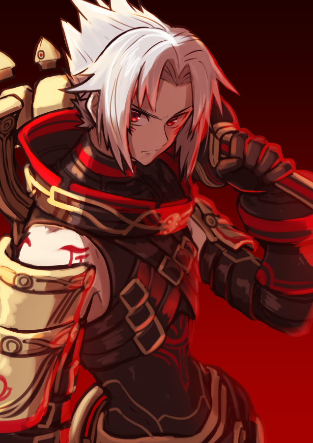 .hack// .hack//g.u. 1boy albino black_gloves buckle closed_mouth cowboy_shot elbow_gloves gloves gradient_background haseo_(.hack//) holding holding_weapon looking_at_viewer male_focus parted_bangs red_background red_eyes rune_(ru-nn) solo spiked_hair standing tattoo weapon white_hair