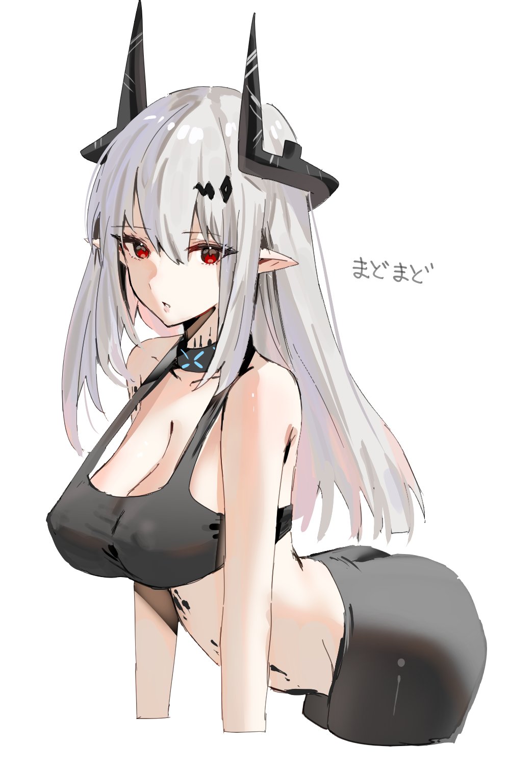 1girl arknights ass bare_shoulders breasts cleavage collar collarbone cropped_legs grey_hair highres horn/wood horns infection_monitor_(arknights) large_breasts leaning_forward long_hair looking_at_viewer mudrock_(arknights) oripathy_lesion_(arknights) pants parted_lips pointy_ears red_eyes simple_background sports_bra strap_gap white_background yoga_pants