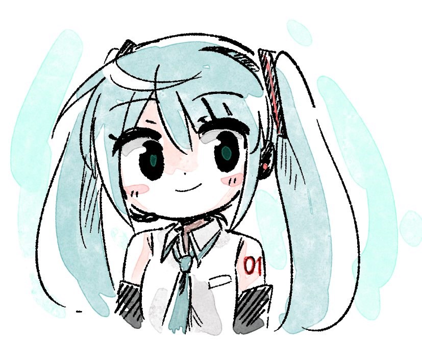 1girl blue_background blue_hair blue_necktie blush chibi earphones hatsune_miku necktie panzuban short_twintails smile twintails vocaloid