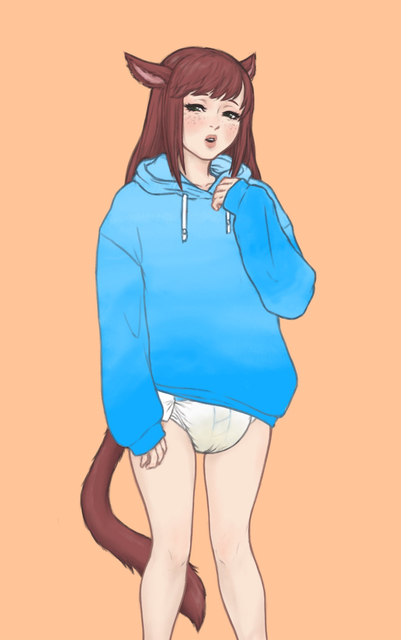 animal_humanoid bangs bodily_fluids brown_hair cat_humanoid cat_tail clothing diaper domestic_cat feces felid felid_humanoid feline feline_humanoid felis female final_fantasy final_fantasy_xiv floofnfluff freckles genital_fluids green_eyes hair hi_res hoodie humanoid legwear long_hair mammal mammal_humanoid miqo'te object_in_mouth open_mouth simple_background solo square_enix standing tail thigh_highs topwear urine wet_diaper wetting