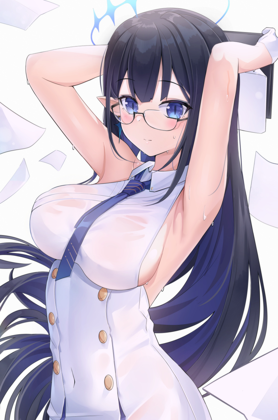 1girl :| armpits arms_behind_head arms_up bare_shoulders black_hair blue_archive blue_eyeliner blue_eyes blue_hair blue_halo blue_necktie blush breasts closed_mouth collared_dress colored_inner_hair covered_navel dress eyeliner giga-tera glasses gloves halo highres large_breasts light_blush long_hair looking_at_viewer makeup multicolored_hair necktie parted_bangs pointy_ears rimless_eyewear rin_(blue_archive) sideboob simple_background sleeveless slit_pupils solo sweat upper_body very_long_hair wet wet_clothes wet_dress white_background white_gloves