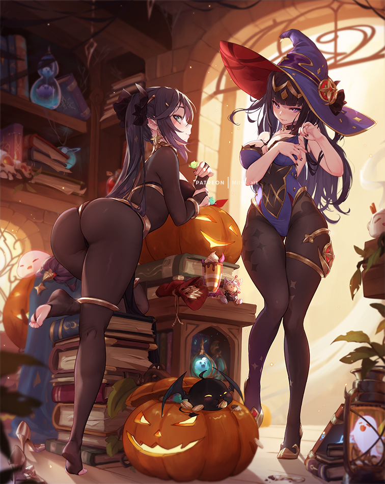 2girls ass bat_(animal) black_hair blunt_bangs bodystocking boo_tao_(genshin_impact) book bookshelf breasts cosplay costume_switch fire_emblem genshin_impact green_eyes halloween hat jewelry large_breasts leg_up leotard long_hair looking_at_viewer medium_breasts mitsu_(mitsu_art) mona_(genshin_impact) multiple_girls pantyhose pumpkin purple_eyes smile solo tharja_(fire_emblem) tiara twintails very_long_hair witch witch_hat