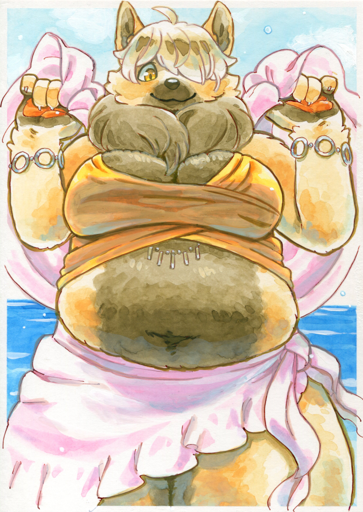 anthro beach belly black_nose breasts canid canine clothed clothing female hair hair_over_eye kemono looking_at_viewer mammal navel one_eye_obstructed outside overweight overweight_anthro overweight_female pawpads seaside smile solo utsuki_maito water yellow_eyes