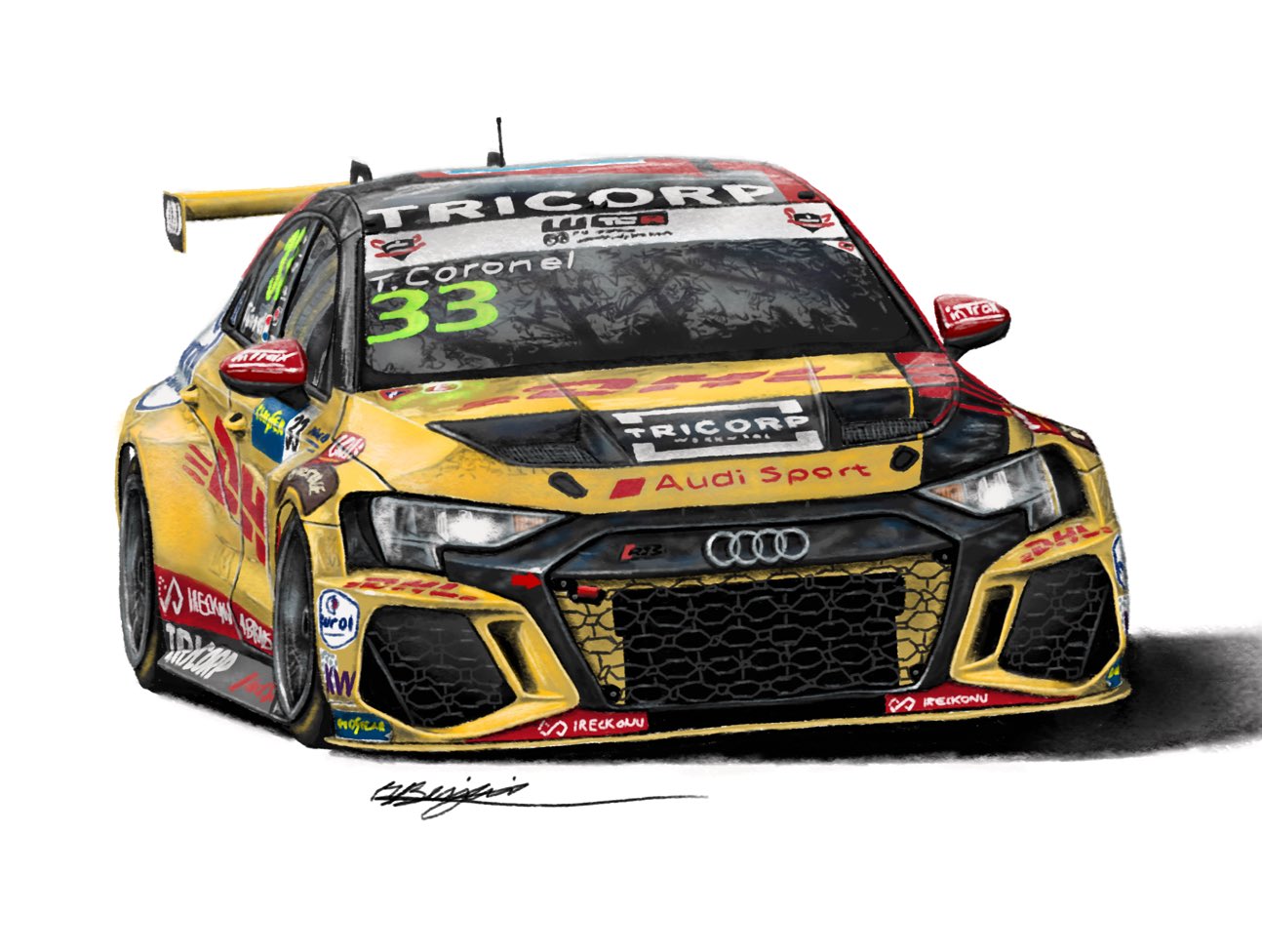 audi audi_rs3 car dhl english_commentary enkei goodyear logo motor_vehicle no_humans race_vehicle racecar radio_antenna real_life richard_benjamin shadow signature simple_background spoiler_(automobile) sponsor tom_coronel vehicle_focus white_background world_touring_car_cup