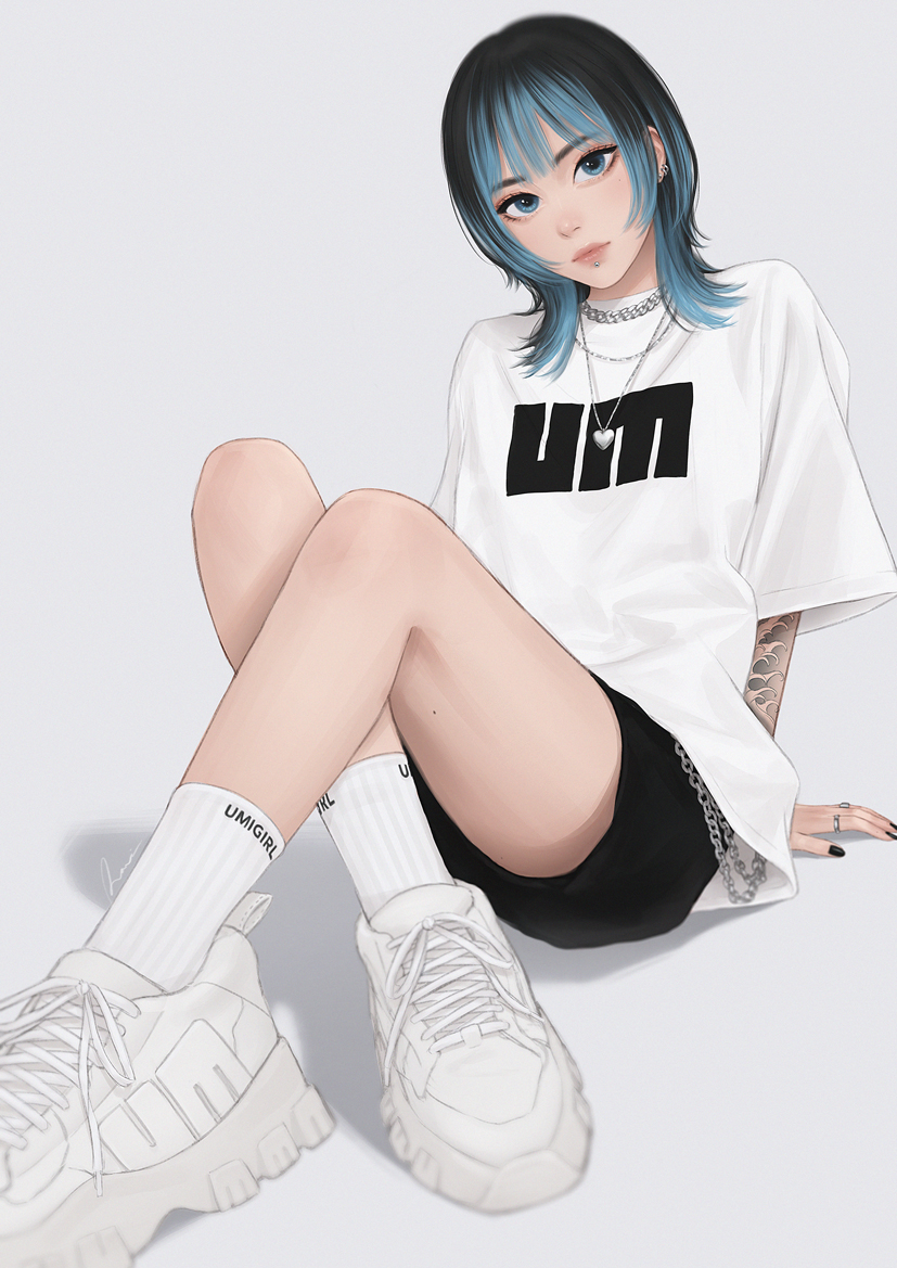 1girl arm_tattoo black_hair black_nails blue_eyes blue_hair breasts crossed_legs earrings heart_pendant jewelry lip_piercing medium_breasts multicolored_hair necklace original piercing ring shoes shorts sitting sneakers solo tattoo two-tone_hair umigraphics white_background wolf_cut