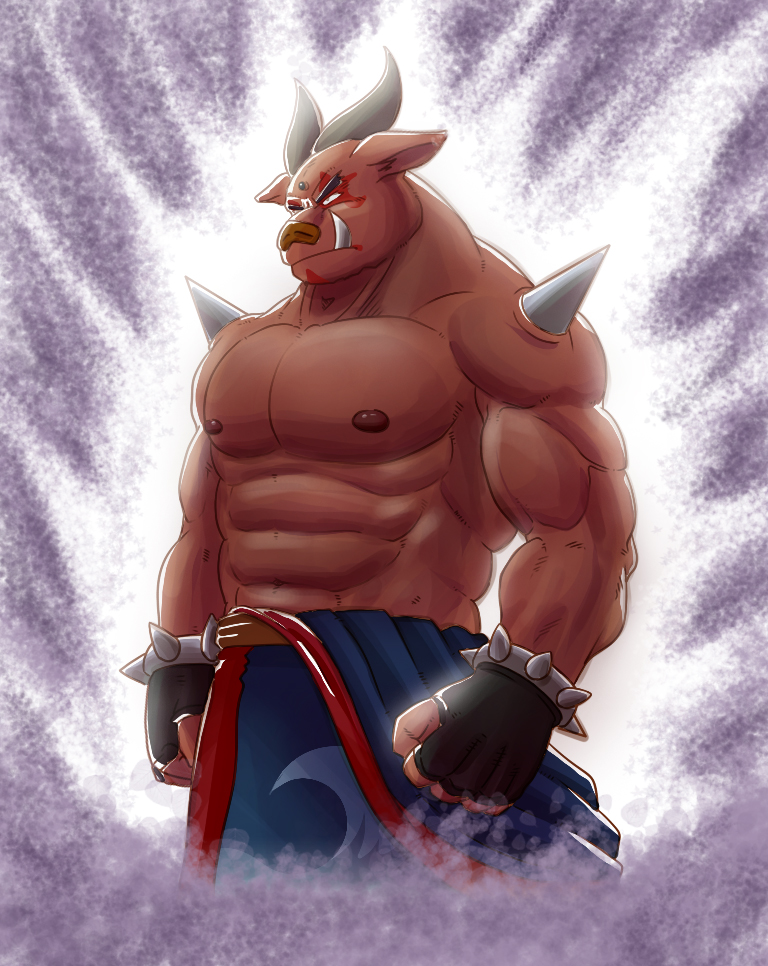 abs brown_body brown_fur clothed clothing fingerless_gloves fur gloves handwear horn male mammal minoton_(pretty_cure) muscular muscular_male nipples pecs pretty_cure ryuu_majin soaring_sky!_pretty_cure solo spikes topless tusks