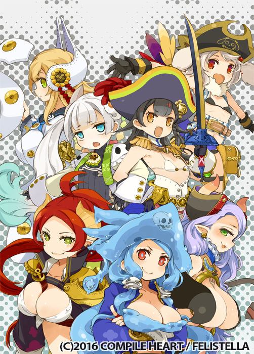 6+girls breasts claret_(genkai_tokki) cleavage closed_mouth compile_heart demon_horns earrings genkai_tokki_seven_pirates holding holding_sword holding_weapon horns jewel_(genkai_tokki) jewelry large_breasts long_hair looking_at_viewer mota multiple_girls official_art open_mouth parute_kairi pointy_ears smile sword waffle_(genkai_tokki) weapon