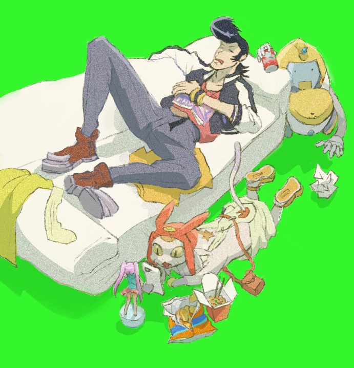 2boys black_hair brown_footwear can closed_eyes couch dandy_(space_dandy) figure green_background grey_pants long_sleeves meow_(space_dandy) multiple_boys pants parted_lips pompadour print_shirt qt_(space_dandy) red_shirt shadow shirt shoes simple_background space_dandy trash user_wfxj3475