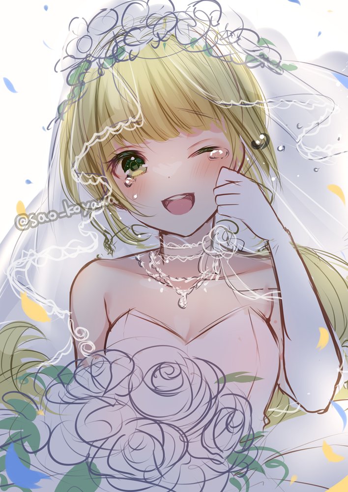 1girl :d bare_shoulders blonde_hair blush bouquet breasts bridal_veil crying crying_with_eyes_open dress elbow_gloves flower gloves green_eyes holding holding_bouquet jewelry koyama_sao long_hair looking_at_viewer necklace one_eye_closed open_mouth saga saga_frontier_2 smile solo strapless strapless_dress tears veil very_long_hair virginia_knights wedding_dress white_dress white_gloves