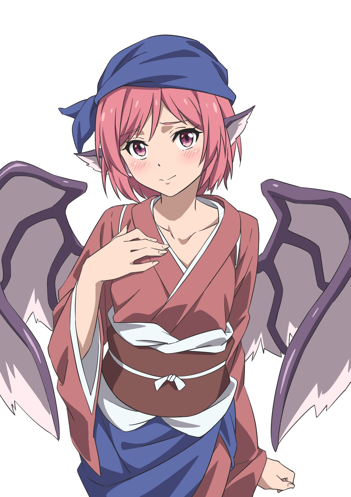 1girl animal_ears bird_ears bird_wings blue_headwear blush brown_kimono closed_mouth collarbone fingernails gyouza_(mhea5724) head_scarf highres japanese_clothes kimono long_sleeves looking_at_viewer mystia_lorelei obi okamisty pink_eyes pink_hair pink_wings sash short_hair simple_background solo touhou upper_body white_background wide_sleeves wings