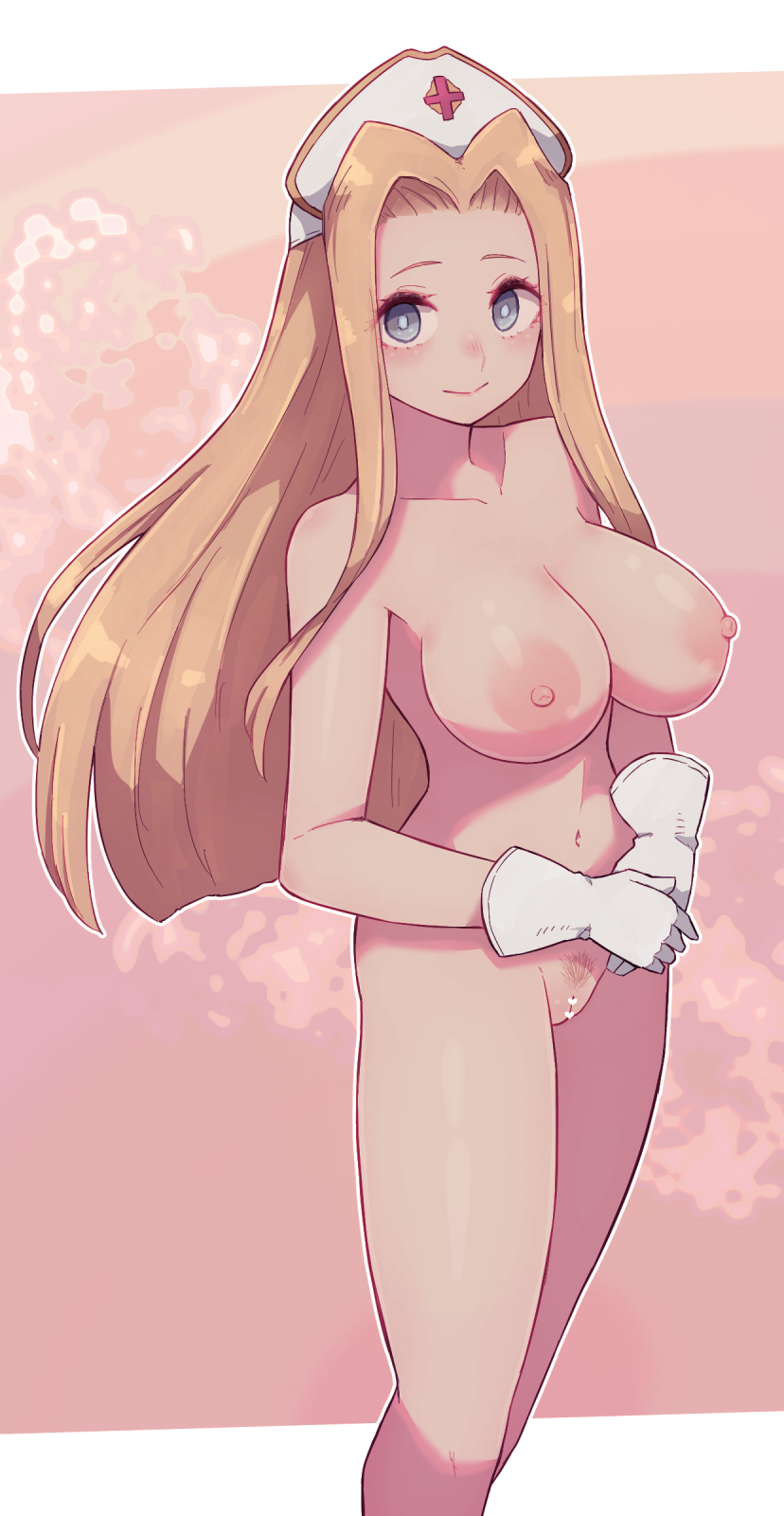 1girl blonde_hair blue_eyes breasts censored collarbone commentary drawing female_pubic_hair gloves hair_intakes hat heart heart_censor highres lamb-oic029 long_hair looking_at_viewer medium_breasts mint_adenade navel nipples nude nurse_cap pubic_hair shiny_skin smile solo tales_of_(series) tales_of_phantasia thighs white_gloves