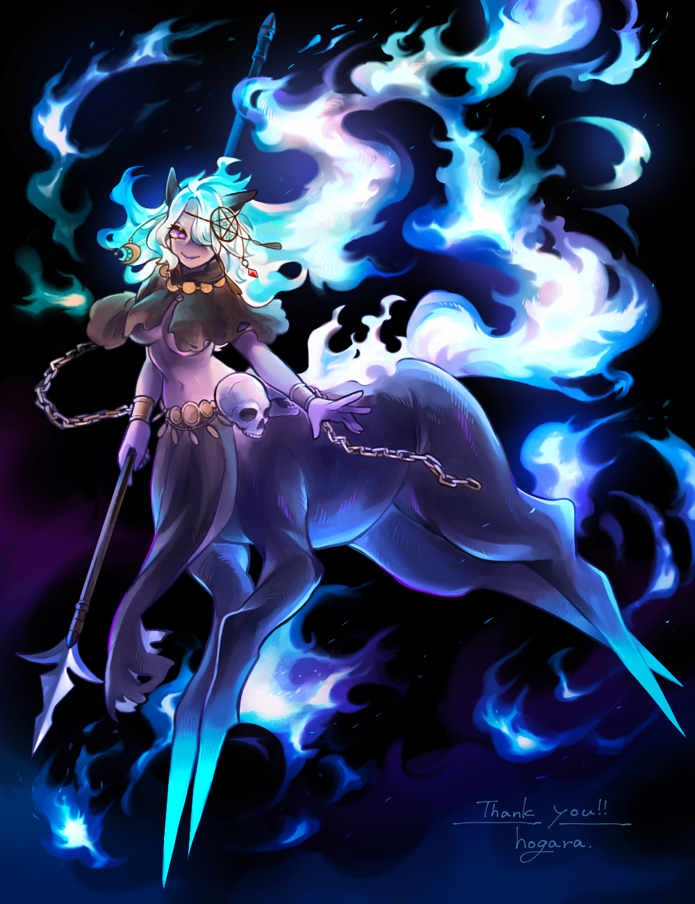 1girl animal_ears artist_name black_background black_capelet blue_fire blue_hair breasts bright_pupils capelet centaur chain closed_mouth colored_skin commission dream_catcher fiery_hair fiery_tail fire floating_hair full_body hair_over_one_eye highres hogara holding holding_polearm holding_weapon horse_ears horse_tail jewelry large_breasts long_hair looking_at_viewer monster_girl necklace no_feet original pelvic_curtain polearm purple_eyes purple_lips purple_skin skeb_commission skull smile solo tail taur torn_capelet torn_clothes underboob very_long_hair weapon white_pupils
