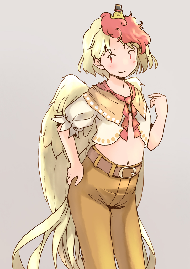 1girl adapted_costume animal animal_on_head belt bird bird_on_head bird_tail bird_wings blonde_hair blush brown_belt chick closed_mouth feathered_wings multicolored_hair navel niwatari_kutaka on_head orange_pants pants rangycrow red_eyes red_hair shirt short_hair short_sleeves smile solo tail touhou two-tone_hair white_shirt wings yellow_wings