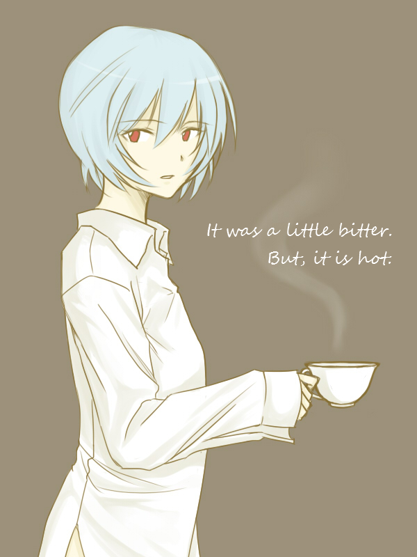 1girl ayanami_rei blue_hair breasts brown_background coffee commentary cup dress_shirt drink english_text from_side hair_between_eyes haru_(kanon-d-dur) holding holding_cup holding_drink long_sleeves looking_at_viewer looking_back looking_to_the_side naked_shirt neon_genesis_evangelion no_pants parted_lips red_eyes shirt short_hair sleeves_past_wrists small_breasts solo steam tea teacup white_shirt