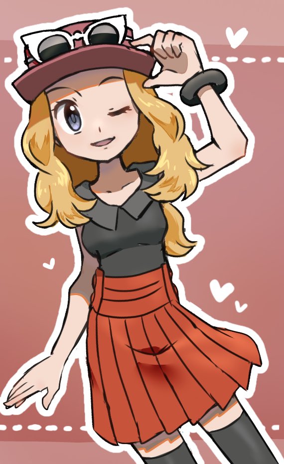 1girl black_shirt black_thighhighs blonde_hair commentary_request eyewear_on_headwear hand_on_headwear hat heart long_hair mtgrslove376 one_eye_closed open_mouth outline pleated_skirt pokemon pokemon_(game) pokemon_xy red_headwear red_skirt serena_(pokemon) shirt skirt sleeveless sleeveless_shirt solo thighhighs white_outline