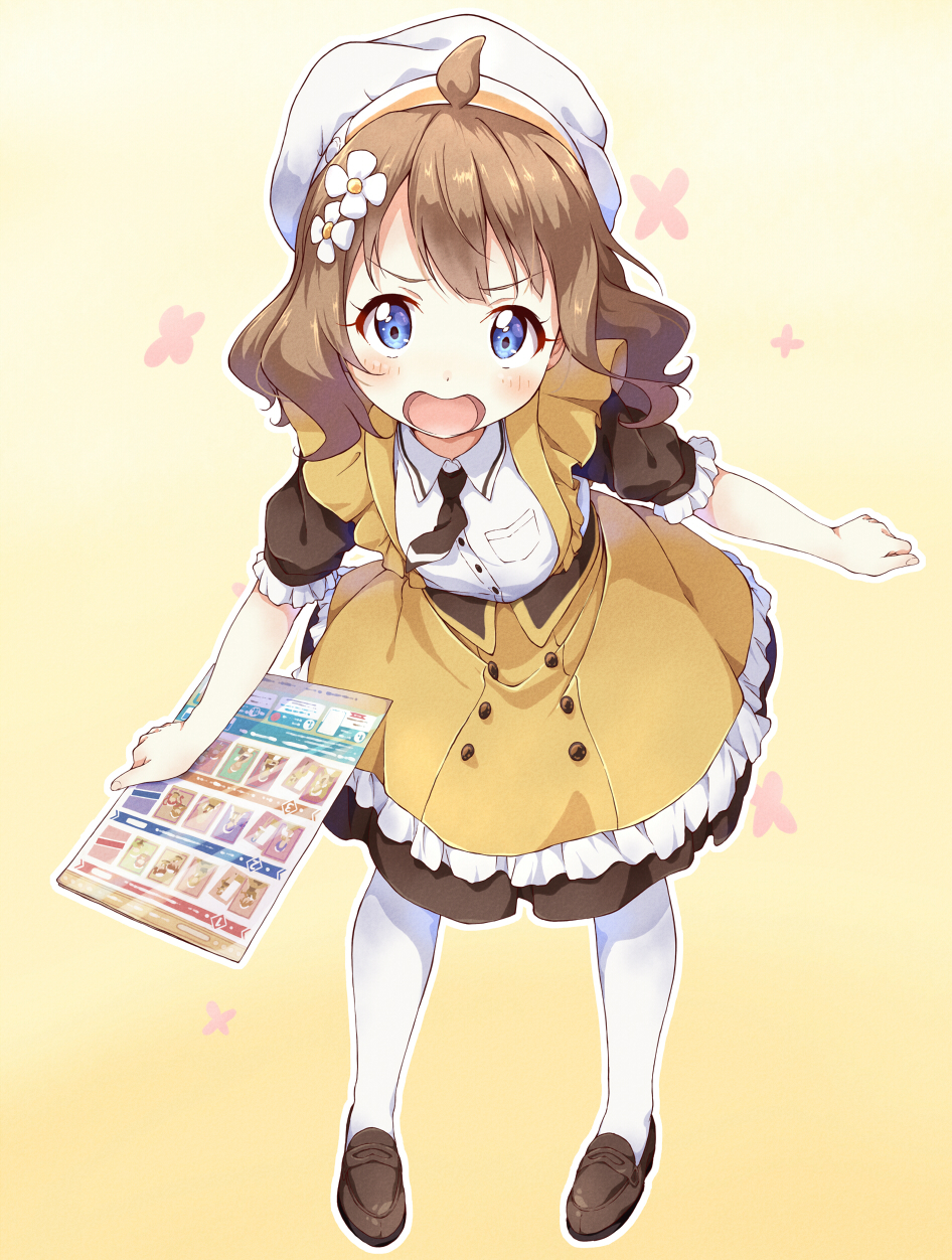 1girl ahoge apron black_dress black_necktie blue_eyes blush brown_hair dot_nose dress flower frilled_apron frilled_dress frills hair_flower hair_ornament highres holding holding_menu idolmaster idolmaster_million_live! idolmaster_million_live!_theater_days loafers looking_at_viewer menu necktie open_mouth shoes short_hair short_sleeves simple_background solo suou_momoko thighhighs toma_(shinozaki) v-shaped_eyebrows white_thighhighs yellow_apron yellow_background