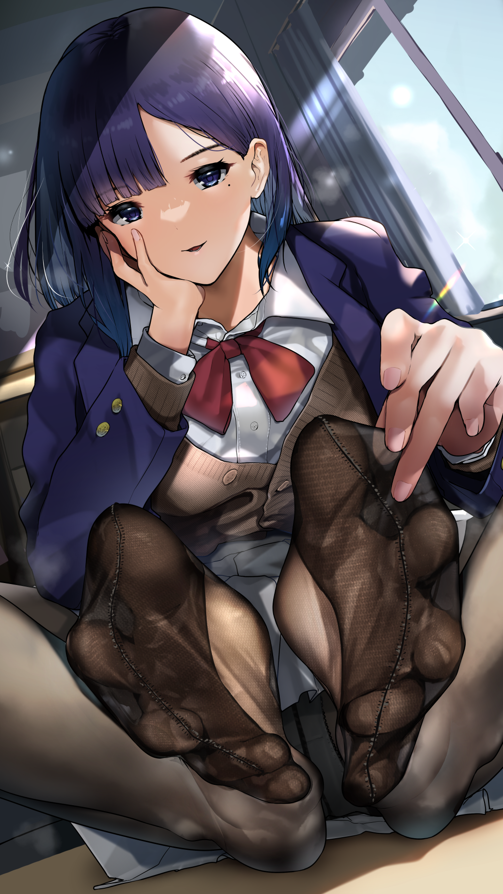 1girl blazer blue_eyes brown_pantyhose commentary_request commission feet foot_focus hand_on_own_cheek hand_on_own_face highres jacket looking_at_viewer miru_tights mole mole_under_eye nakabeni_yua no_shoes nonohachi panties panties_under_pantyhose pantyhose pixiv_commission school_uniform sitting solo spread_toes toes underwear