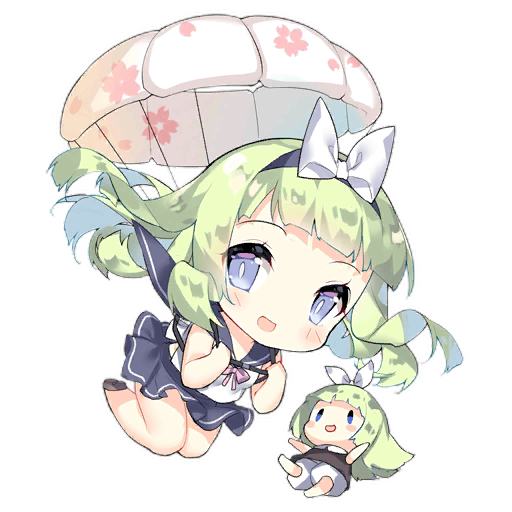 2girls :d bare_legs blue_eyes blue_hairband blue_sailor_collar blue_skirt blunt_bangs blush blush_stickers bow bow_hairband brown_dress brown_footwear chest_harness chibi dress fairy_(girls'_frontline) falling floating_hair full_body girls'_frontline green_hair hair_bow hairband harness holding long_hair looking_at_viewer multiple_girls neck_ribbon official_art open_mouth parachute parachute_fairy_(girls'_frontline) pink_ribbon ribbon sailor_collar saru shirt simple_background skirt sleeveless sleeveless_shirt slit_pupils smile third-party_source transparent_background white_bow white_shirt |_|