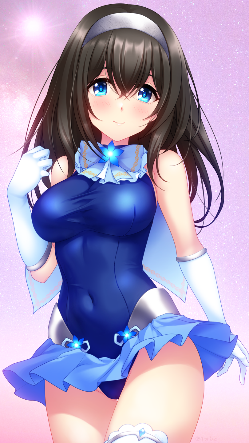 1girl black_hair blue_eyes blue_skirt breasts cape closed_mouth commentary_request competition_swimsuit cowboy_shot elbow_gloves frilled_skirt frills gloves hairband hand_up highres idolmaster idolmaster_cinderella_girls irori_(irorixc) large_breasts light_blush long_hair magical_girl one-piece_swimsuit sagisawa_fumika skirt smile solo swimsuit thighhighs white_cape white_gloves white_hairband white_thighhighs zettai_ryouiki