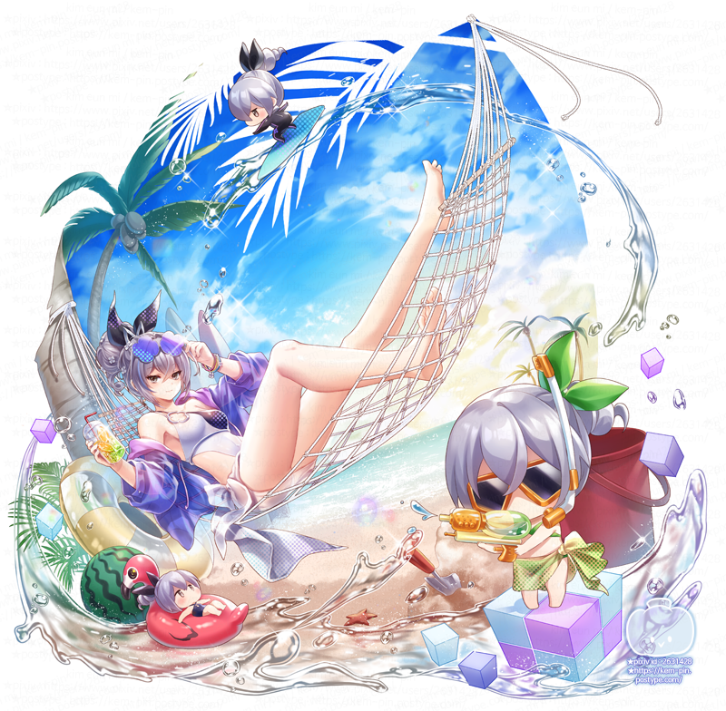 1girl alternate_costume barefoot beach chibi cube eyewear_on_head food fruit greyscale hammock hobak honkai:_star_rail honkai_(series) jacket monochrome net open_clothes open_jacket ponytail silver_wolf_(honkai:_star_rail) snorkel soles sunglasses surfboard surfing swimsuit watermelon