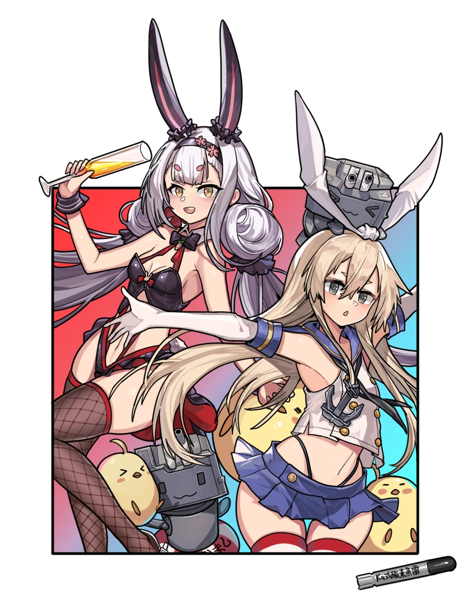 2girls anchor_hair_ornament animal_ears azur_lane bird black_bow black_bowtie black_hairband black_neckerchief black_panties black_sailor_collar blonde_hair blue_skirt blush bow bowtie breasts center-flap_bangs champagne_flute chick commentary crop_top crossover cup detached_collar drinking_glass elbow_gloves extra_eyebrows fake_animal_ears fishnet_thighhighs fishnets gloves grey_eyes hair_between_eyes hair_ornament hairband highleg highleg_panties highres holding holding_cup kantai_collection kuroinu9 long_hair looking_at_viewer low_twintails manjuu_(azur_lane) microskirt multiple_girls name_connection neckerchief nontraditional_playboy_bunny official_alternate_costume open_mouth outside_border outstretched_arms panties parted_lips pleated_skirt rabbit_ears rensouhou-chan sailor_collar school_uniform serafuku shimakaze_(azur_lane) shimakaze_(kancolle) shimakaze_(world's_speediest_bunny_waitress)_(azur_lane) short_eyebrows sidelocks skirt small_breasts thighhighs torpedo twintails underwear white_gloves white_hair wrist_cuffs yellow_eyes