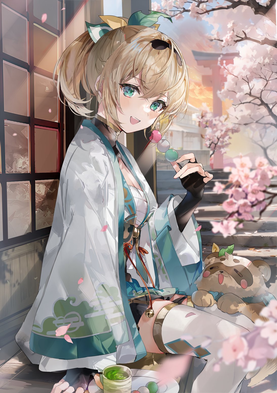 1girl aqua_eyes black_gloves blonde_hair blush breasts cherry_blossoms chest_sarashi cleavage commentary_request crossed_bangs cup dango falling_petals fingerless_gloves food gloves green_tea hair_ornament haori highres hinahino holding holding_skewer hololive japanese_clothes kazama_iroha leaf_hair_ornament long_sleeves looking_at_viewer medium_breasts medium_hair open_mouth outdoors petals pokobee ponytail samurai sanshoku_dango sarashi shrug_(clothing) sitting skewer stairs stone_stairs tanuki tea thighhighs torii virtual_youtuber wagashi white_thighhighs