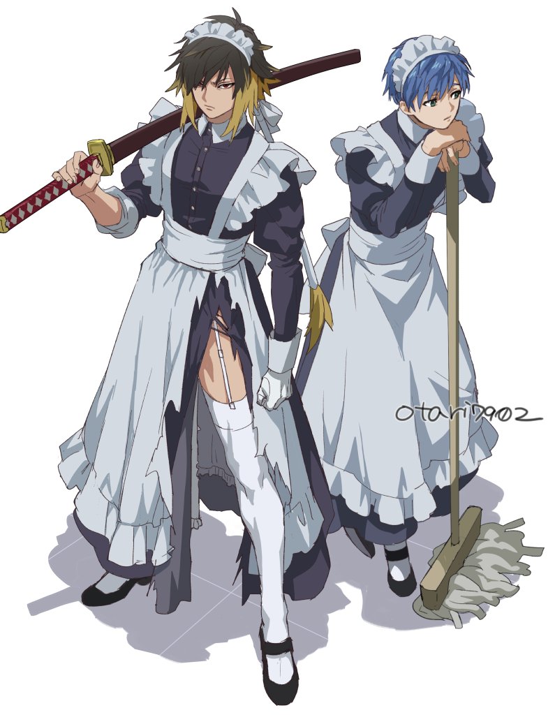 2boys albel_nox alternate_costume apron artist_name black_dress black_footwear blonde_hair blue_hair brown_hair clenched_hand closed_mouth crossdressing dress enmaided fayt_leingod garter_straps gloves green_eyes hair_ornament holding holding_mop holding_sword holding_weapon indesign leaning_on_object looking_at_viewer looking_to_the_side maid maid_apron maid_headdress male_focus mary_janes mop multicolored_hair multiple_boys over_shoulder red_eyes sheath sheathed shoes short_hair simple_background single_glove sleeves_rolled_up star_ocean star_ocean_till_the_end_of_time sword sword_over_shoulder thighhighs torn_clothes torn_dress two-tone_hair weapon weapon_over_shoulder white_gloves white_thighhighs