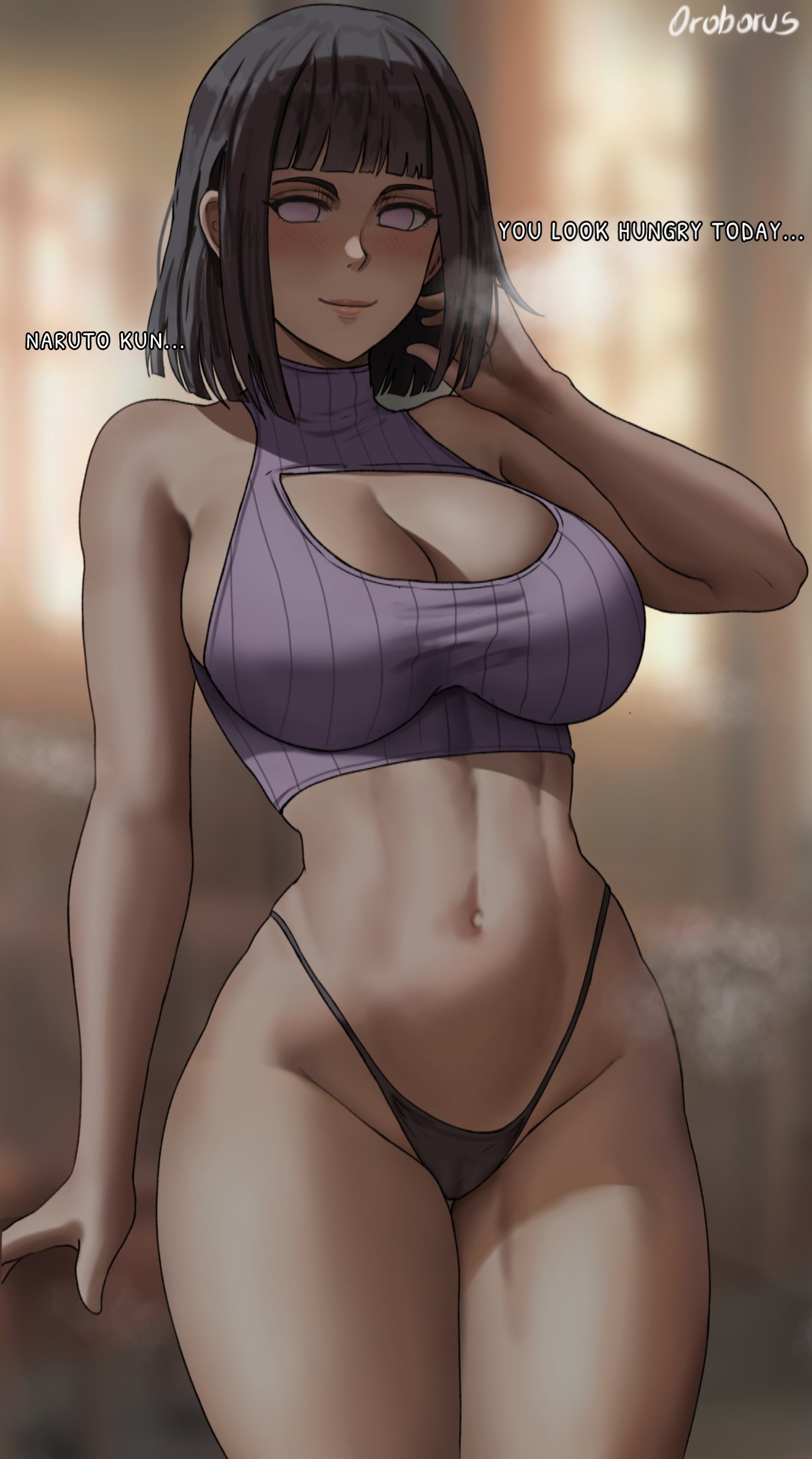 1girl artist_name black_hair black_panties blunt_bangs blurry blurry_background breasts breath cleavage cleavage_cutout closed_mouth clothing_cutout cropped_sweater english_text hand_in_own_hair highres hyuuga_hinata large_breasts looking_at_viewer naruto_(series) naruto_shippuuden navel no_pupils oroborus panties purple_sweater ribbed_sweater short_hair smile solo standing steaming_body sweater thong turtleneck turtleneck_sweater underwear white_eyes