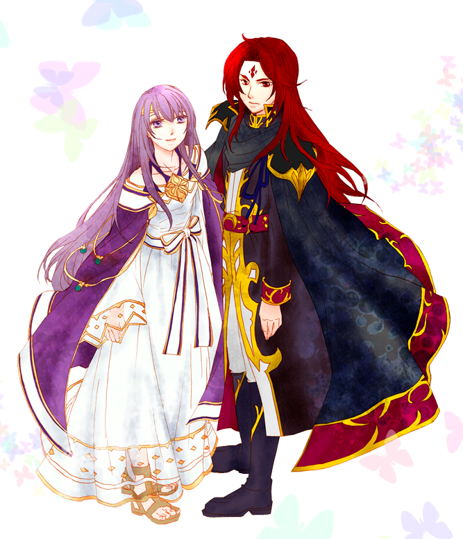 1boy 1girl black_cape black_coat boots brother_and_sister cape circlet coat dress facial_mark fire_emblem fire_emblem:_genealogy_of_the_holy_war forehead_mark jewelry julia_(fire_emblem) julius_(fire_emblem) long_hair looking_at_viewer purple_cape purple_eyes purple_hair red_hair sandals siblings simple_background standing twins youseinomori